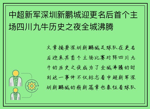 中超新军深圳新鹏城迎更名后首个主场四川九牛历史之夜全城沸腾