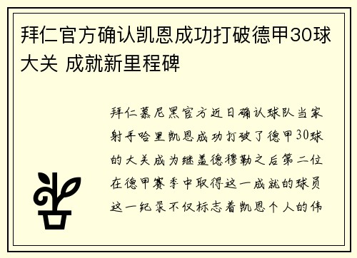 拜仁官方确认凯恩成功打破德甲30球大关 成就新里程碑